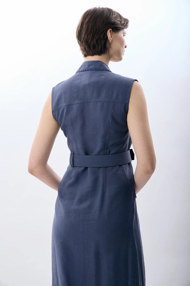 Kemerli Kolsuz Elbise (Mavi)