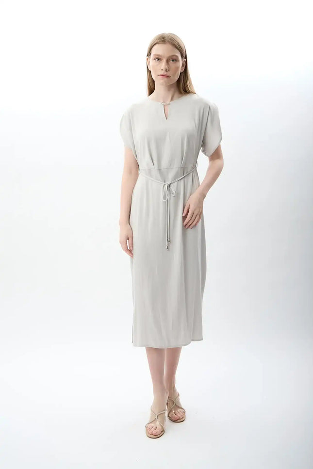 Belden Bağlamalı Yırtmaçlı Elbise (Gri)