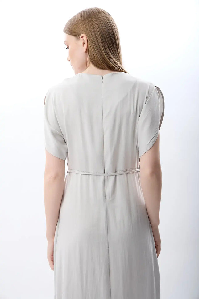 Belden Bağlamalı Yırtmaçlı Elbise (Gri)