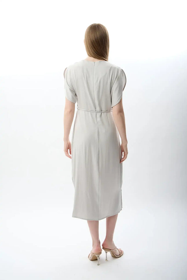 Belden Bağlamalı Yırtmaçlı Elbise (Gri)