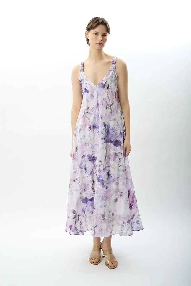 Desenli ve Dökümlü Maxi Elbise (Lila)