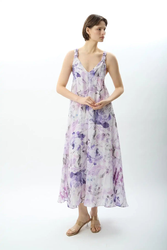 Desenli ve Dökümlü Maxi Elbise (Lila)