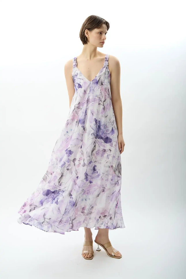 Desenli ve Dökümlü Maxi Elbise (Lila)