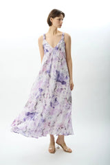 Desenli ve Dökümlü Maxi Elbise (Lila)