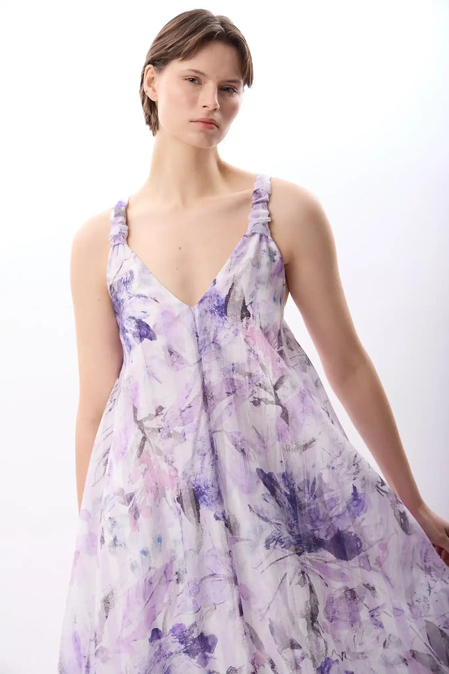 Desenli ve Dökümlü Maxi Elbise (Lila)