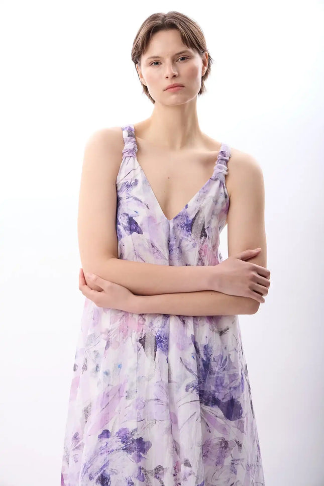 Desenli ve Dökümlü Maxi Elbise (Lila)