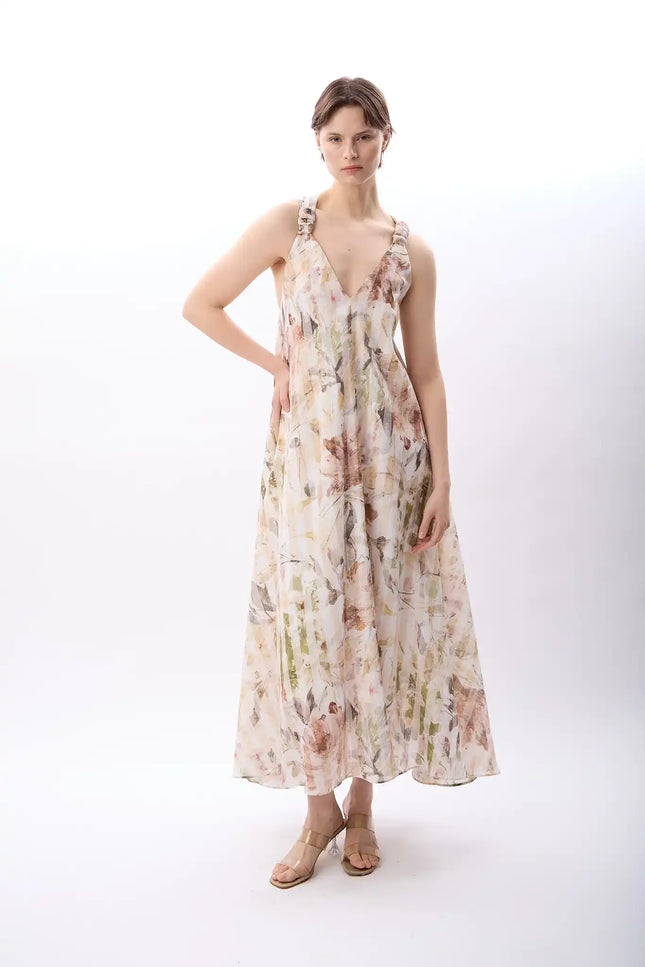 Desenli ve Dökümlü Maxi Elbise (Bej)