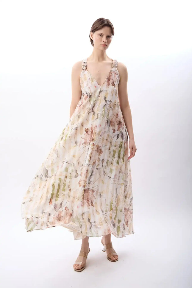 Desenli ve Dökümlü Maxi Elbise (Bej)