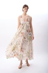 Desenli ve Dökümlü Maxi Elbise (Bej)