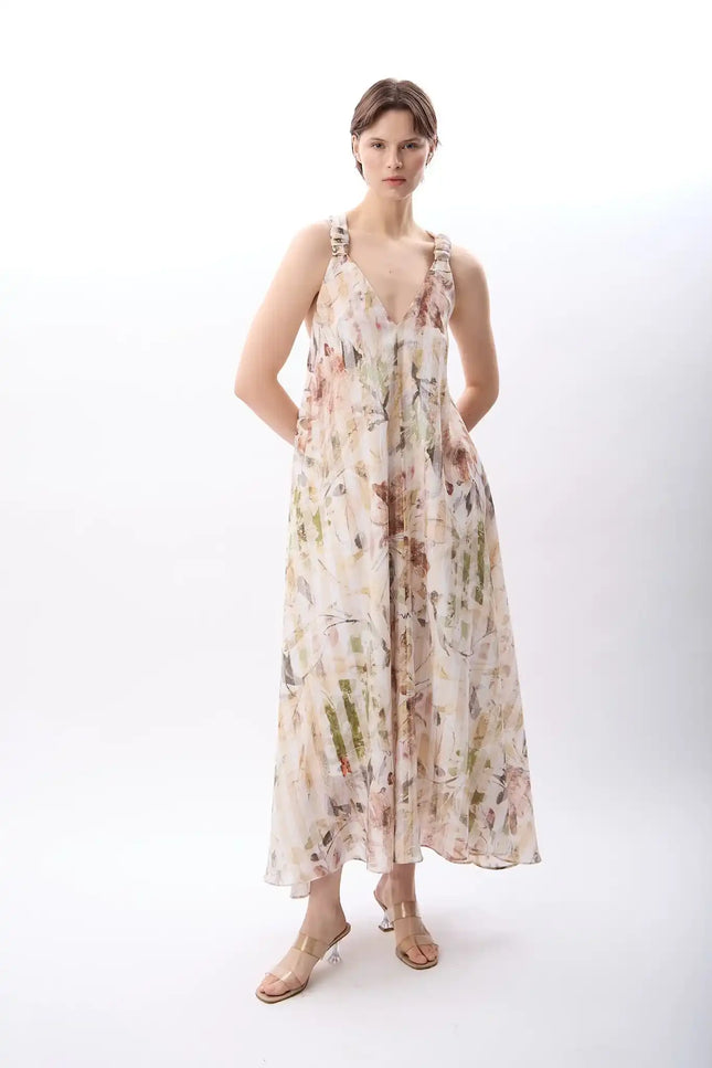 Desenli ve Dökümlü Maxi Elbise (Bej)