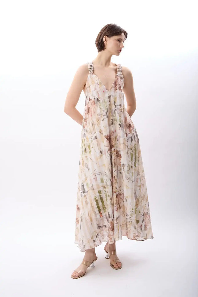 Desenli ve Dökümlü Maxi Elbise (Bej)