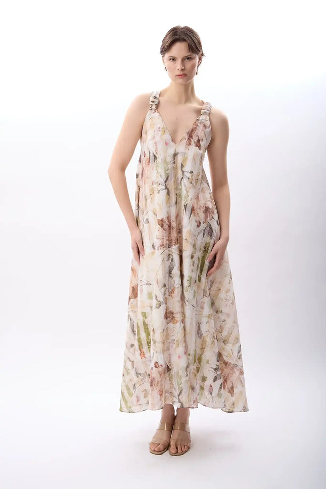 Desenli ve Dökümlü Maxi Elbise (Bej)