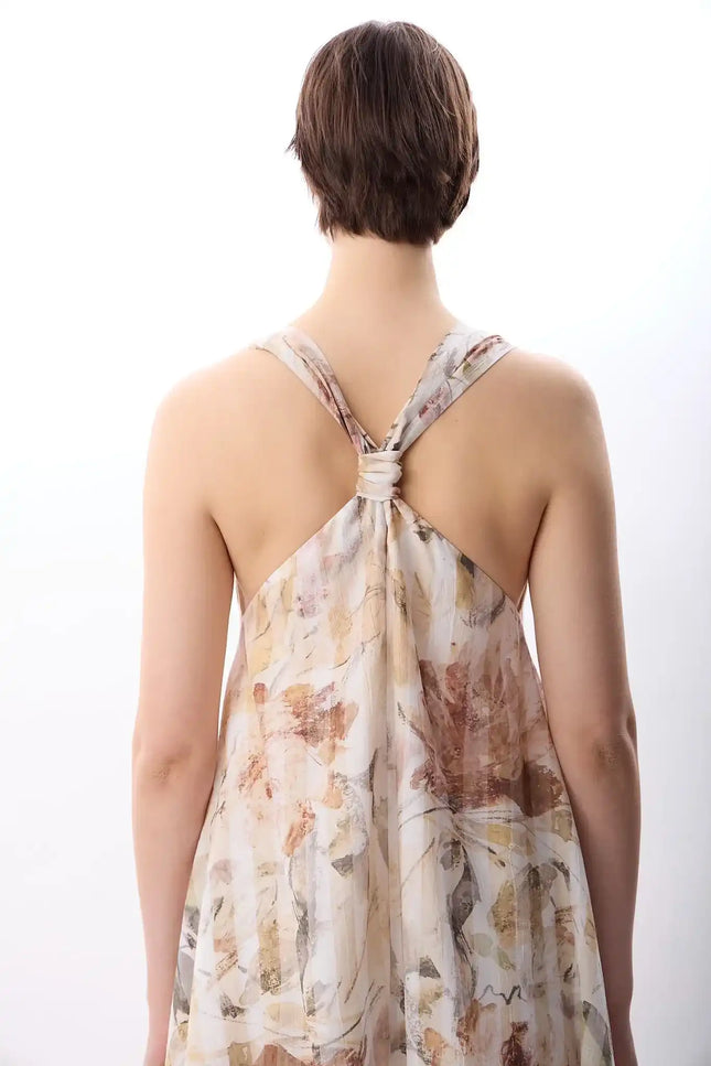 Desenli ve Dökümlü Maxi Elbise (Bej)