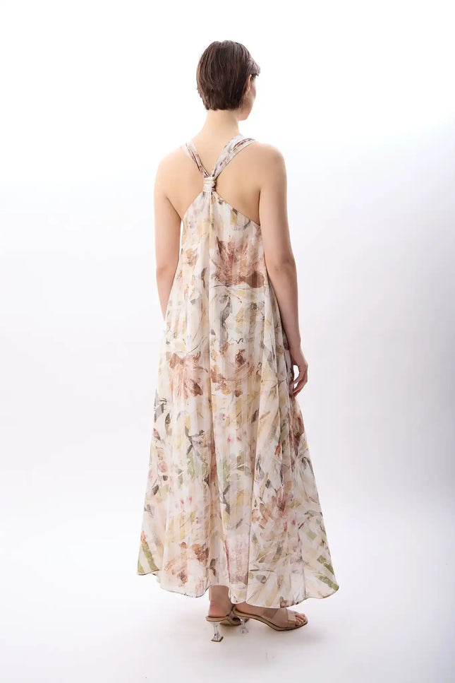 Desenli ve Dökümlü Maxi Elbise (Bej)