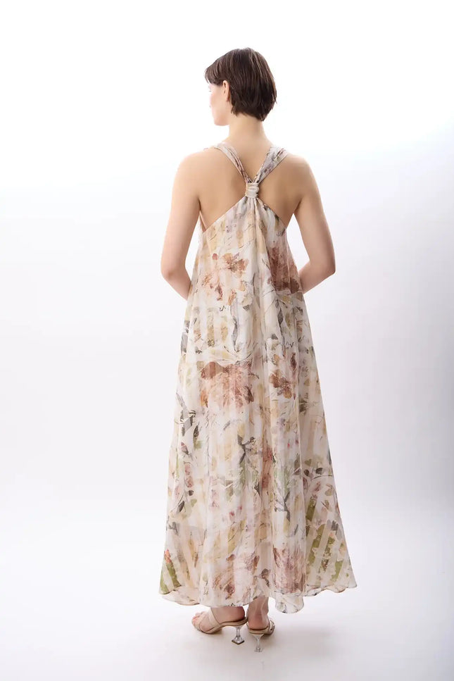 Desenli ve Dökümlü Maxi Elbise (Bej)