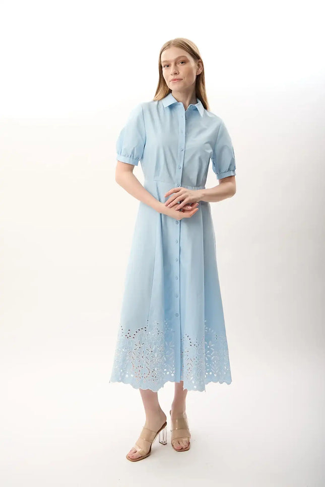 Nakış Detaylı Gömlek Elbise (Mavi)