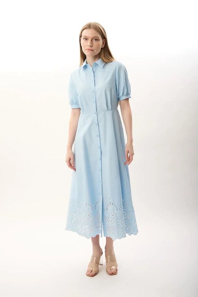 Nakış Detaylı Gömlek Elbise (Mavi)