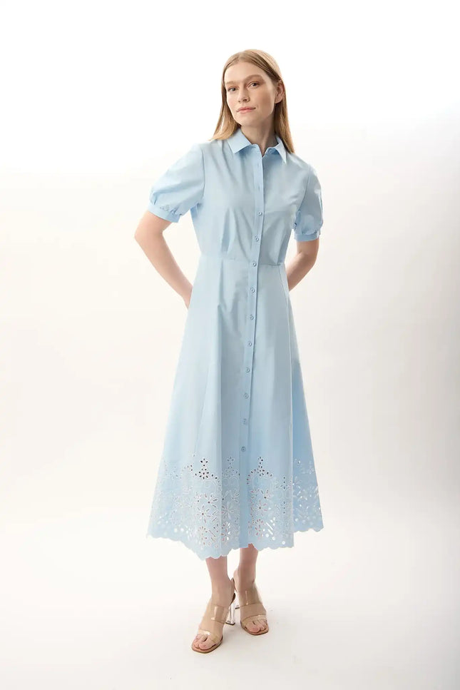 Nakış Detaylı Gömlek Elbise (Mavi)