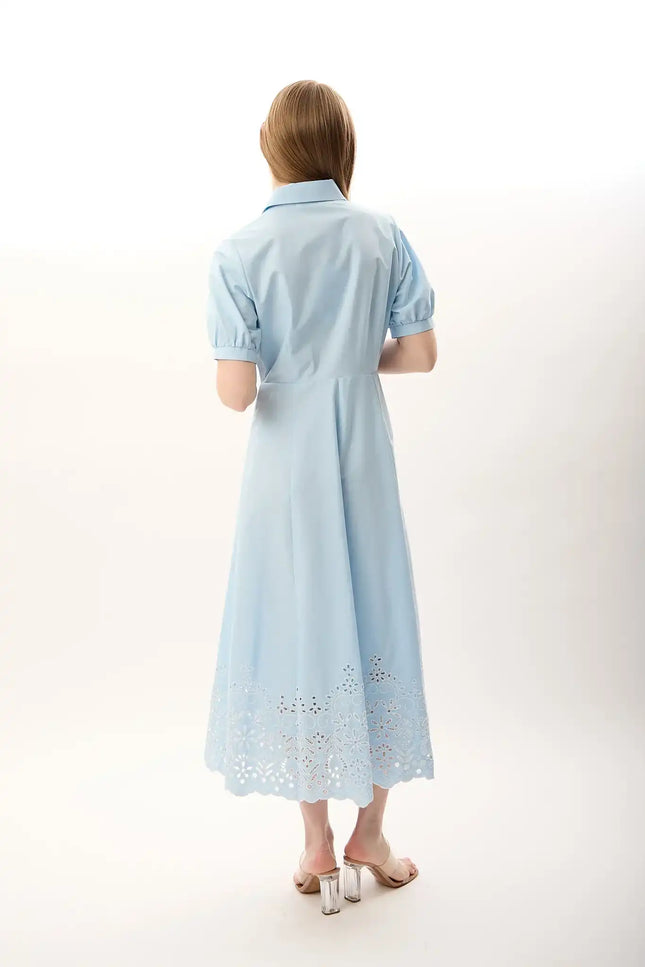 Nakış Detaylı Gömlek Elbise (Mavi)