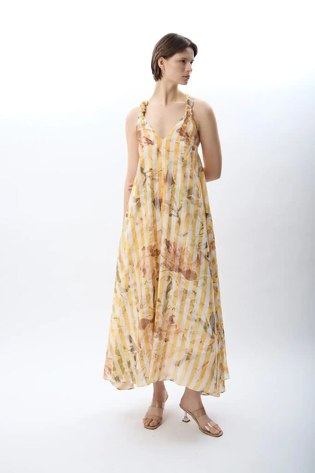 Desenli ve Dökümlü Maxi Elbise (Sarı)