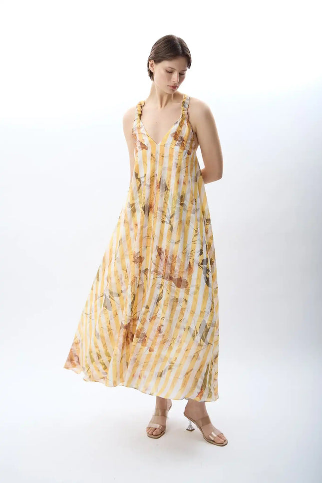 Desenli ve Dökümlü Maxi Elbise (Sarı)