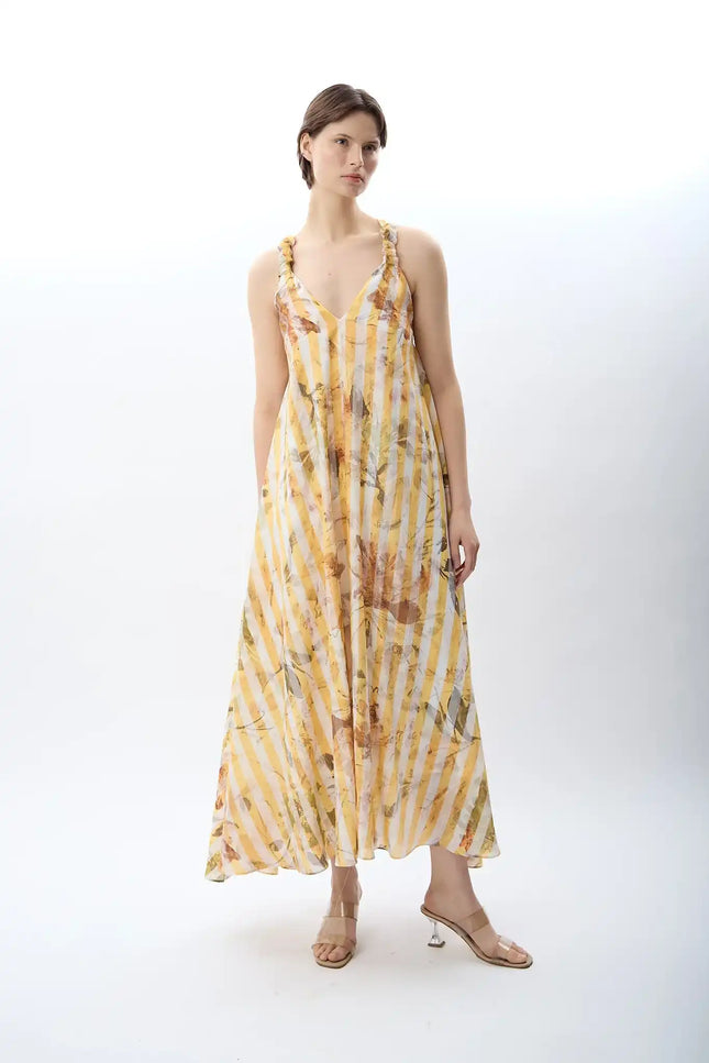 Desenli ve Dökümlü Maxi Elbise (Sarı)