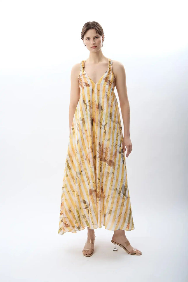 Desenli ve Dökümlü Maxi Elbise (Sarı)