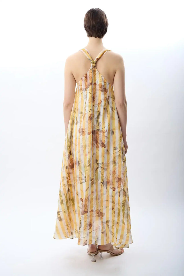 Desenli ve Dökümlü Maxi Elbise (Sarı)