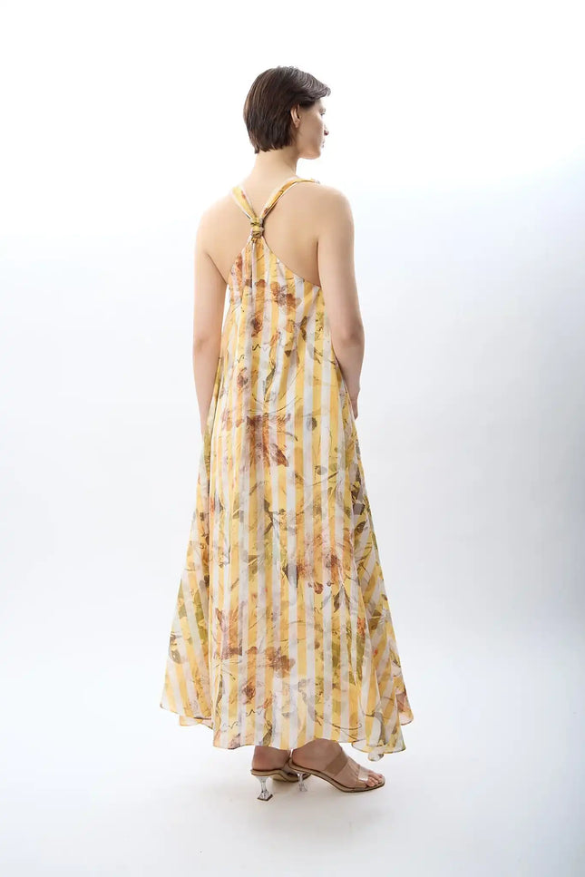 Desenli ve Dökümlü Maxi Elbise (Sarı)