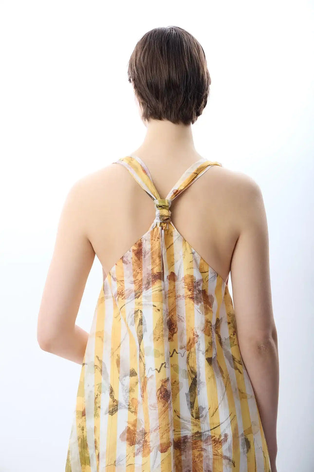 Desenli ve Dökümlü Maxi Elbise (Sarı)