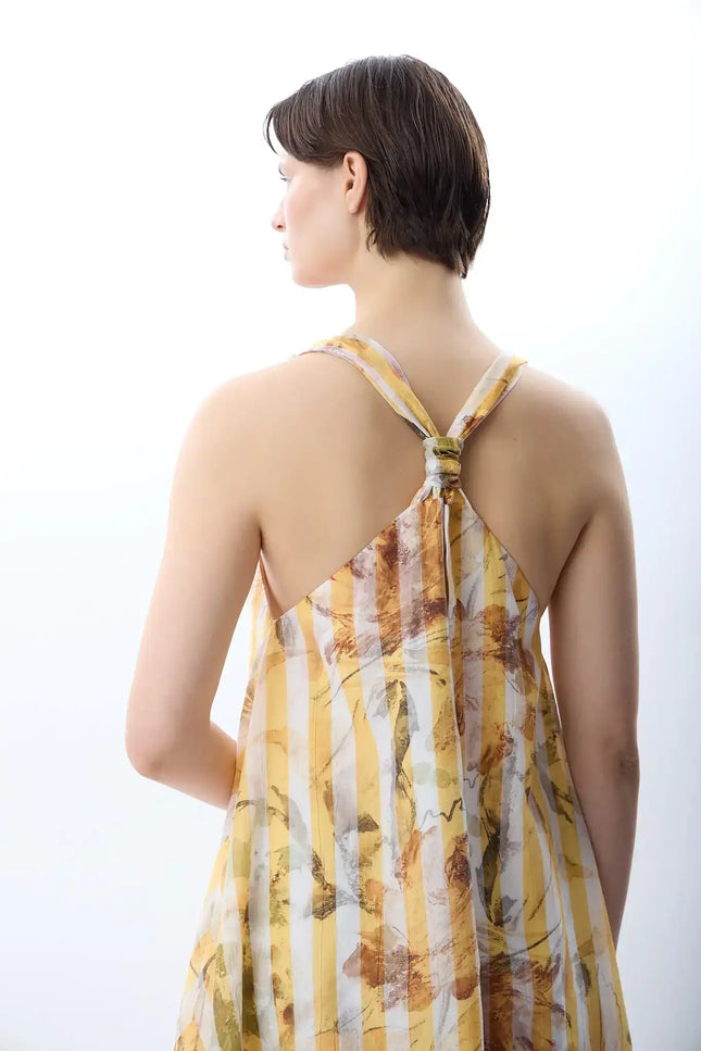 Desenli ve Dökümlü Maxi Elbise (Sarı)