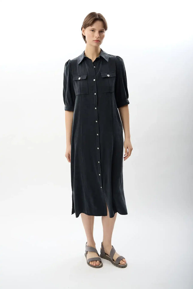 Kısa Kollu Gömlek Elbise (Antrasit)