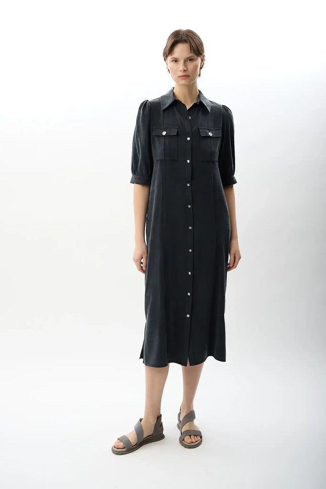 Kısa Kollu Gömlek Elbise (Antrasit)