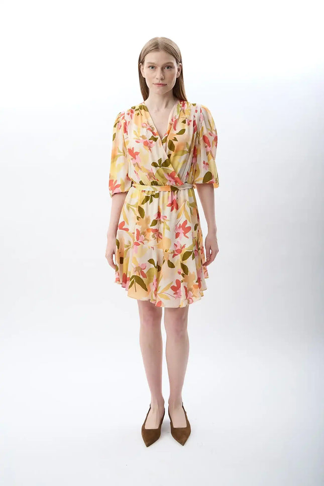 Kruvaze Yaka Çiçekli Elbise (Desenli)