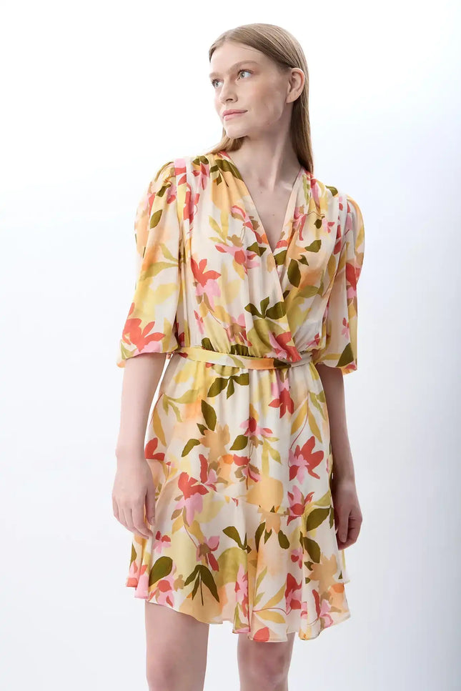 Kruvaze Yaka Çiçekli Elbise (Desenli)