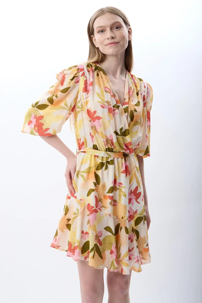 Kruvaze Yaka Çiçekli Elbise (Desenli)