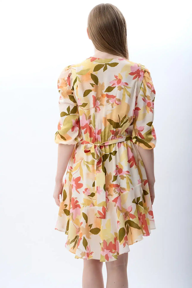 Kruvaze Yaka Çiçekli Elbise (Desenli)