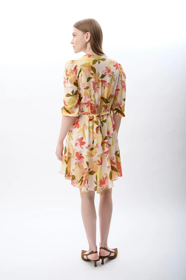 Kruvaze Yaka Çiçekli Elbise (Desenli)