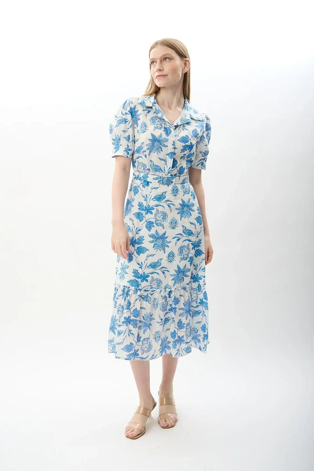 Mavi Çiçek Desenli Kemerli Elbise (Ekru)