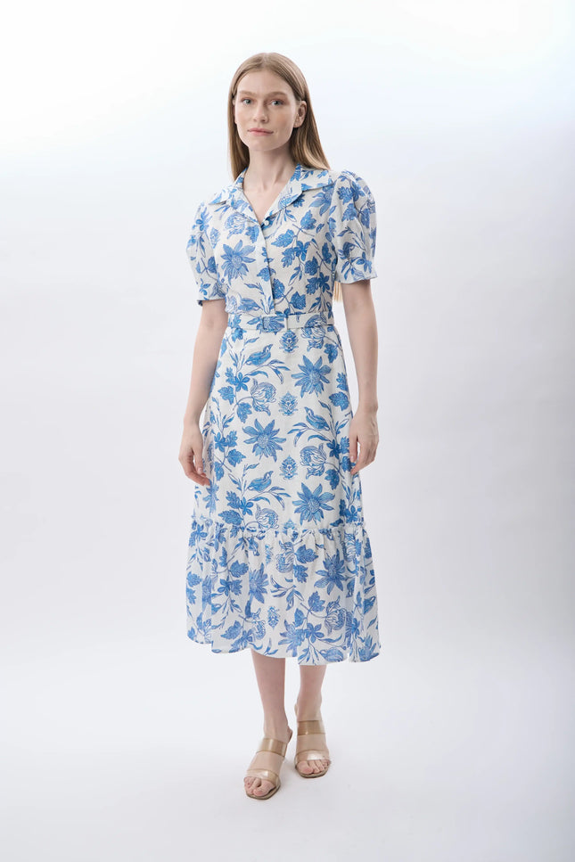 Mavi Çiçek Desenli Kemerli Elbise (Ekru)