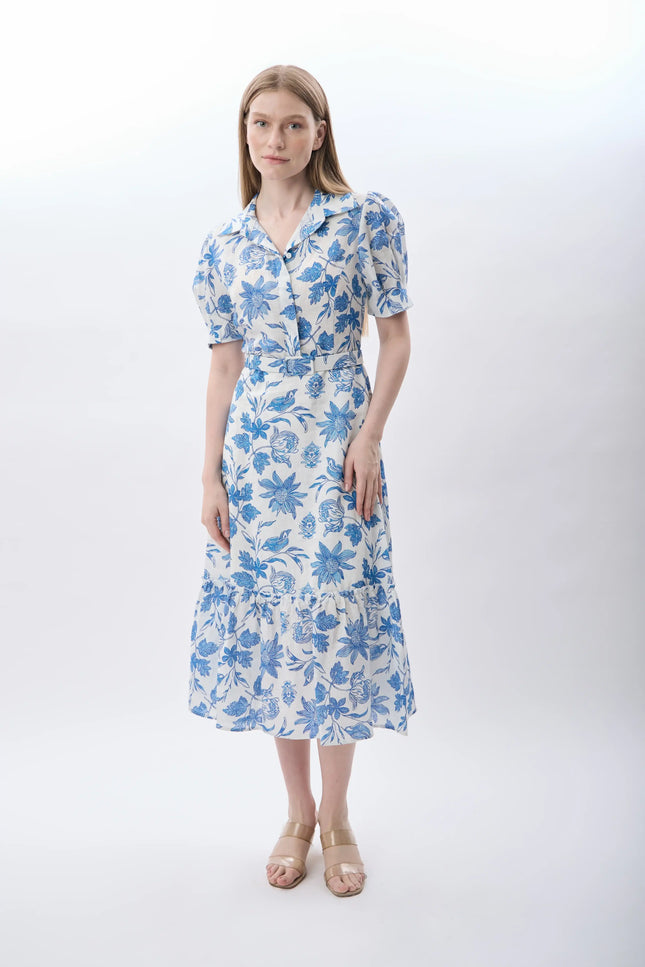 Mavi Çiçek Desenli Kemerli Elbise (Ekru)