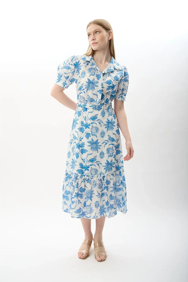 Mavi Çiçek Desenli Kemerli Elbise (Ekru)