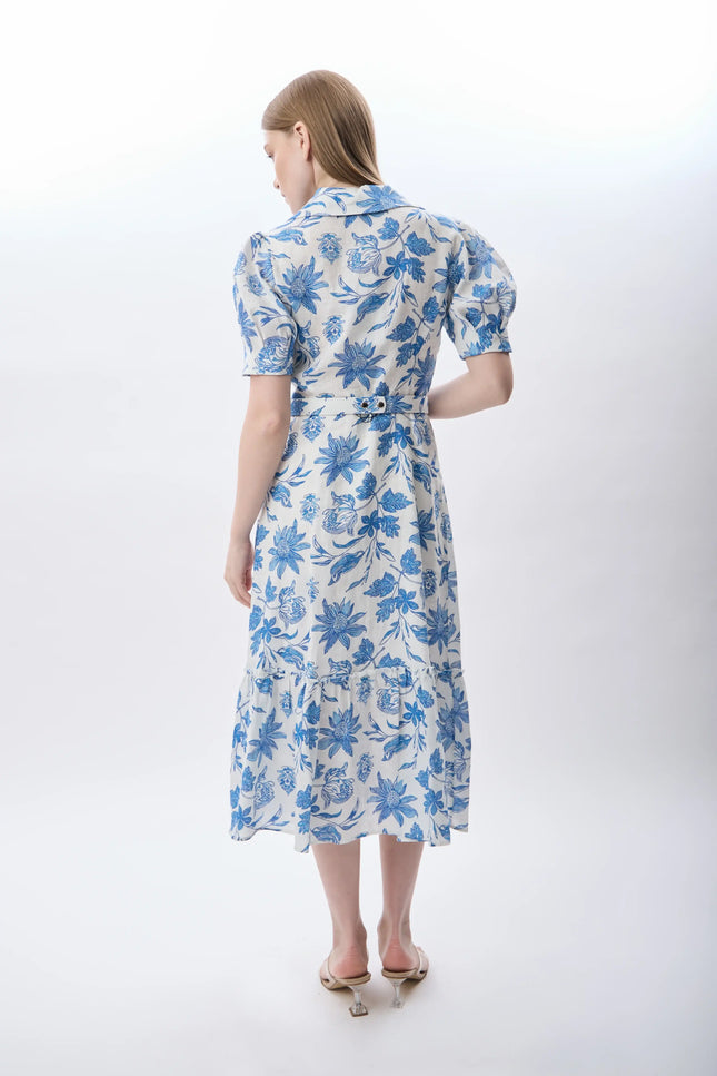 Mavi Çiçek Desenli Kemerli Elbise (Ekru)