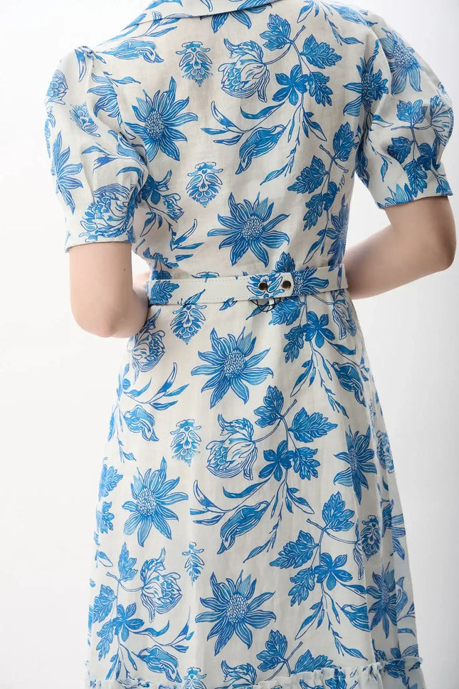 Mavi Çiçek Desenli Kemerli Elbise (Ekru)