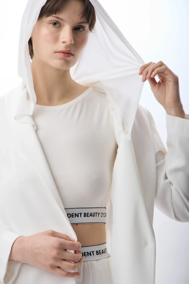 Bisiklet Yaka Kolsuz Crop Bluz (Ekru)