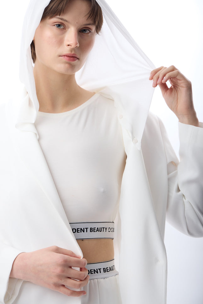 Bisiklet Yaka Kolsuz Crop Bluz (Ekru)