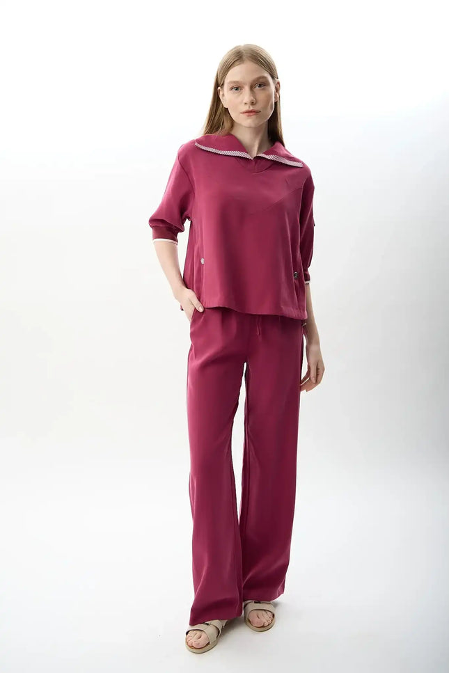 V Yaka Büzgü Detaylı Bluz (Fuşya)