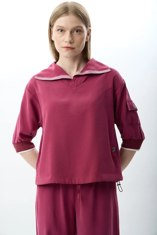 V Yaka Büzgü Detaylı Bluz (Fuşya)