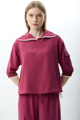 V Yaka Büzgü Detaylı Bluz (Fuşya)