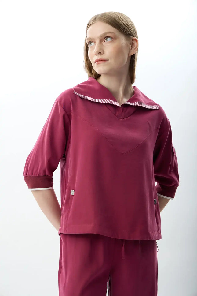 V Yaka Büzgü Detaylı Bluz (Fuşya)